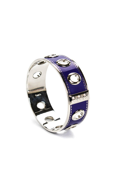 Coach Womens Silver Tone Blue Enamel Grommeted Wide Bangle Bracelet 8.75"