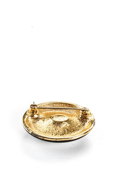 Trifari Womens Gold Tone Oval Crystal Black Enamel Brooch Pin 1"