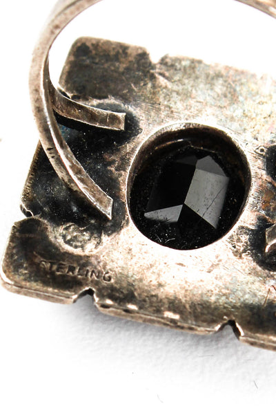 Designer Womens Sterling Silver Black Obsidian Square Ring Size 5.5 6 grams