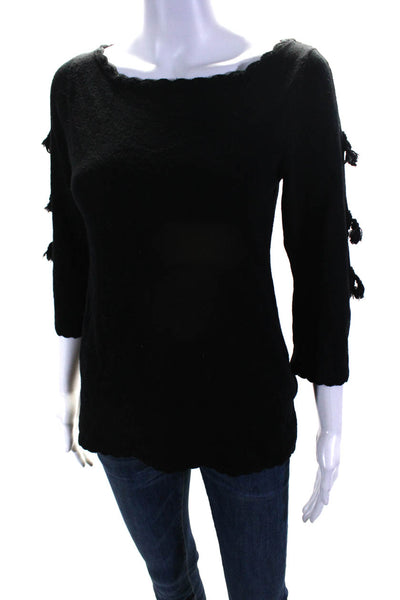 Nanette Lepore Womens Black Wool Tassel Detail 3/4 Sleeve Sweater Top Size S