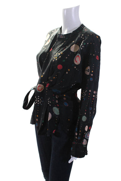Isabel Marant Womens Black Silk Printed Long Sleeve Wrap Blouse Top Size 34