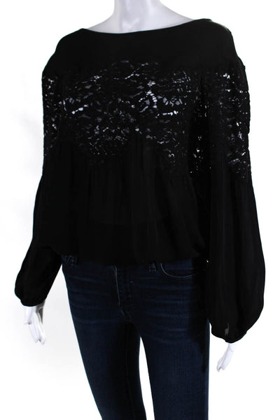 Ramy Brook Womens Long Sleeve Scoop Neck Lace Trim Silk Blouse Black Size Small