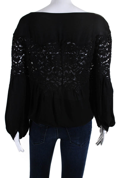 Ramy Brook Womens Long Sleeve Scoop Neck Lace Trim Silk Blouse Black Size Small