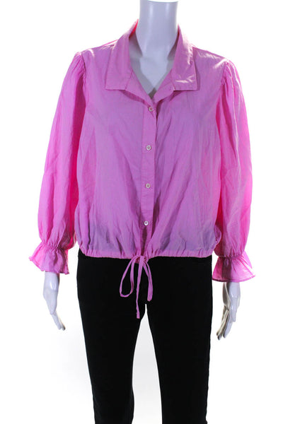Xirena Womens Drawstring Waist Long Sleeve Button Up Top Blouse Pink Large