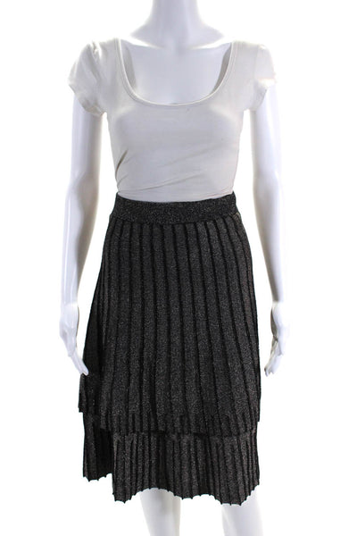 Front Row Womens Metallic Top Stitch Layered Flare Hem Midi Skirt Black Size XL