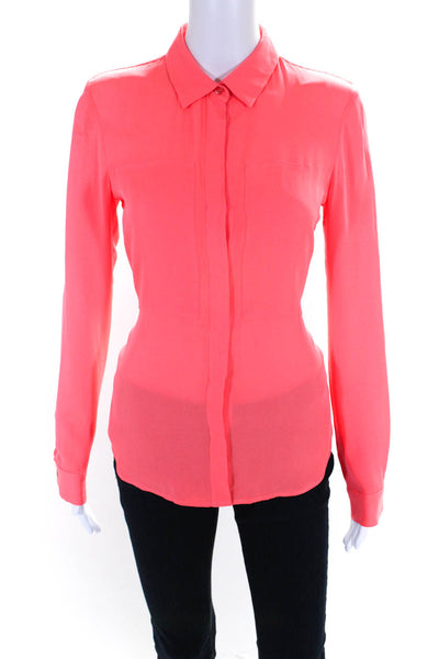 Theory Womens Neon Orange Silk Long Sleeve Button Down Blouse Top Size S