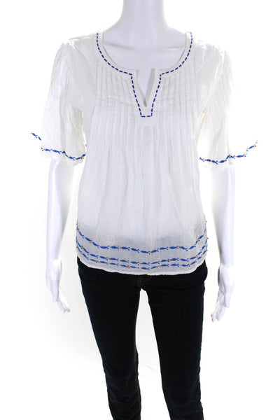 Nimo Womens White Cotton Blue Printed V-Neck Short Sleeve Blouse Top Size S
