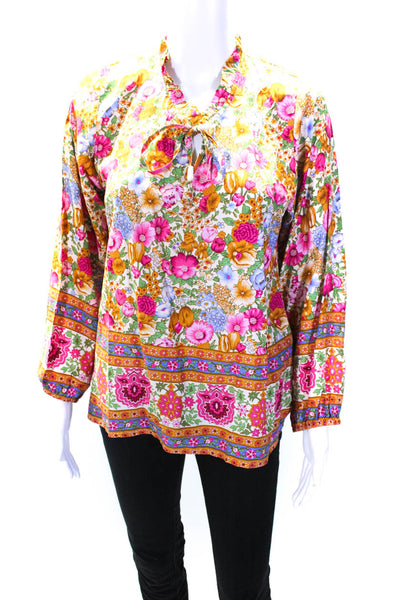 Walker & Wade Womens Tie Neck Floral Long Sleeve Top Blouse Pink Tan Blue Small