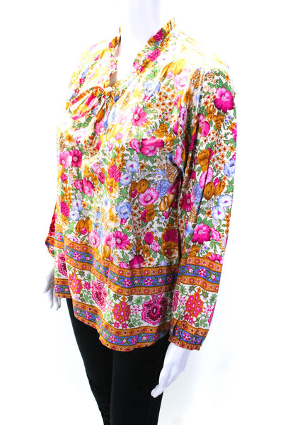Walker & Wade Womens Tie Neck Floral Long Sleeve Top Blouse Pink Tan Blue Small