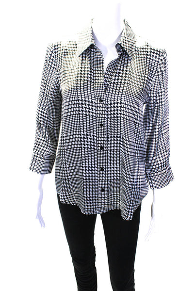 L'Agence Womens Satin Houndstooth 3/4 Sleeve Shirt Blouse Black White Size XS