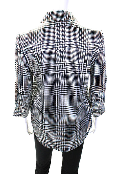 L'Agence Womens Satin Houndstooth 3/4 Sleeve Shirt Blouse Black White Size XS