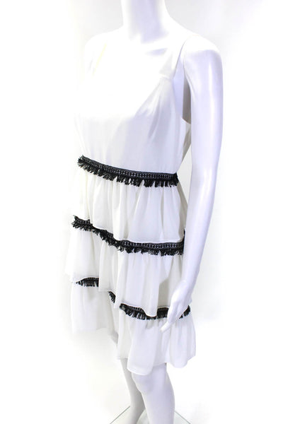 H By Halston Women's Scoop Neck Fringe Ruffle Tiered Mini Dress White Size 4