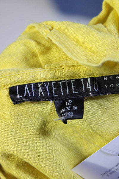 Lafayette 148 New York Women's Linen Pleated Ruffle Collar Blouse Yellow Size 12