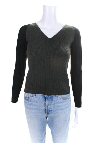 D. Exterior Womens V Neck Rib Color Block Sweater Beige Green Black Size Small