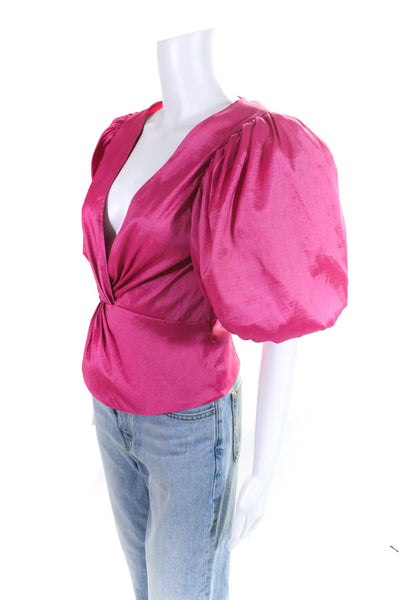 Lovers + Friends Womens Knotted Taffeta V Neck Puff Sleeve Top Blouse Pink Small