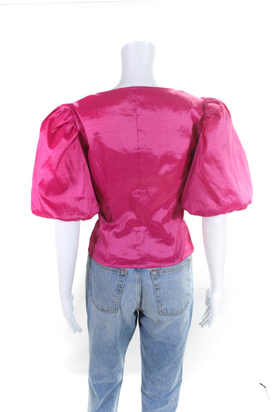 Lovers + Friends Womens Knotted Taffeta V Neck Puff Sleeve Top Blouse Pink Small