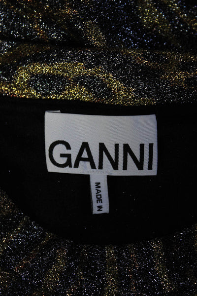 Ganni Womens Animal Print Short Sleeves Blouse Gold Metallic Black Size EUR 38