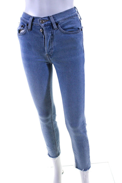 Redone Womens Cotton Buttoned Skinny Leg Distress Hem Jeans Blue Size EUR24