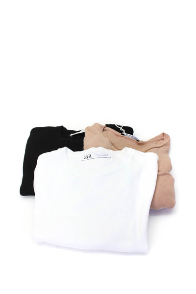 Zara Womens Stretch Knit Short Sleeved Shirts Black White Tan Size S M L Lot 3