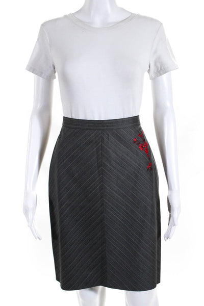 Escada Womens Pinstripe Embroidered Floral Pencil Skirt Red Gray Size EU 38