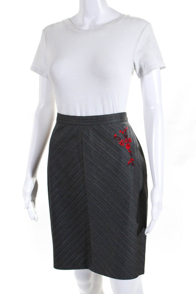 Escada Womens Pinstripe Embroidered Floral Pencil Skirt Red Gray Size EU 38