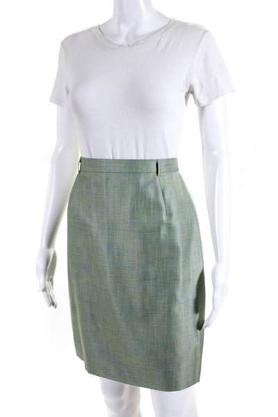 Escada Womens Woven Knee Length Pencil Skirt Blue Green Wool Silk Size EU 38