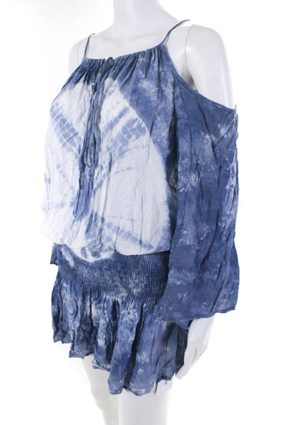 Elan Womens Tie Dye Print Key Hole Neck Dress Blue White Size Small