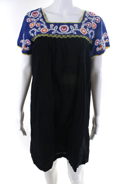 Roberta Roller Rabbit Womens Floral Embroidered Dress Black Blue Size Small