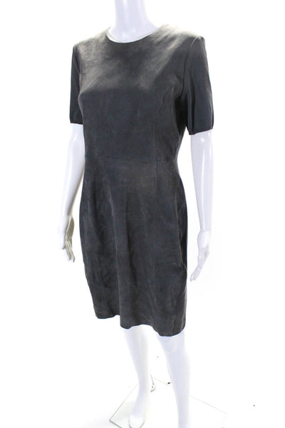 Elie Tahari Womens Gray Suede Leather Crew Neck Short Sleeve Shift Dress Size 10