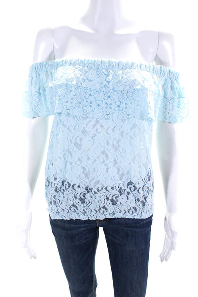 Temptation Positano Womens Floral Lace Ruche Short Sleeve Blouse Blue Size EUR34