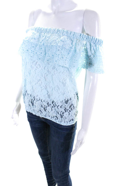 Temptation Positano Womens Floral Lace Ruche Short Sleeve Blouse Blue Size EUR34