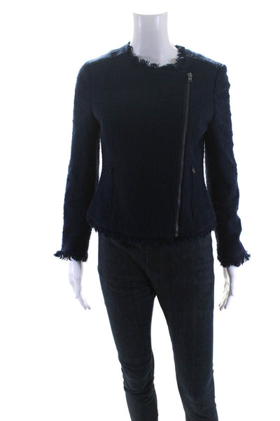 J Crew Womens Cotton Tweed Asymmetrical Zip Fringe Trim Jacket Navy Blue Size 6