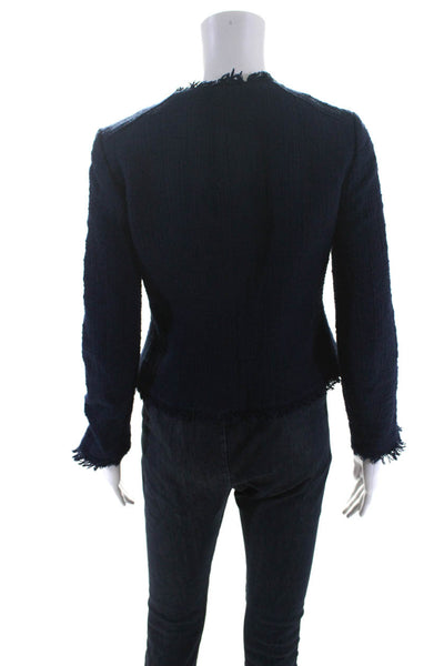 J Crew Womens Cotton Tweed Asymmetrical Zip Fringe Trim Jacket Navy Blue Size 6