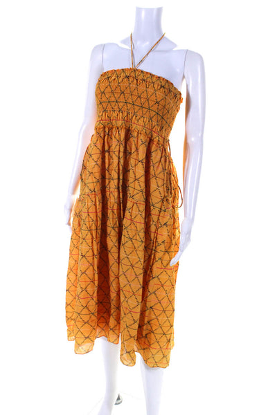 Apiece Apart Womens Smocked Halter Argyle Striped Midi Dress Orange Multi 10
