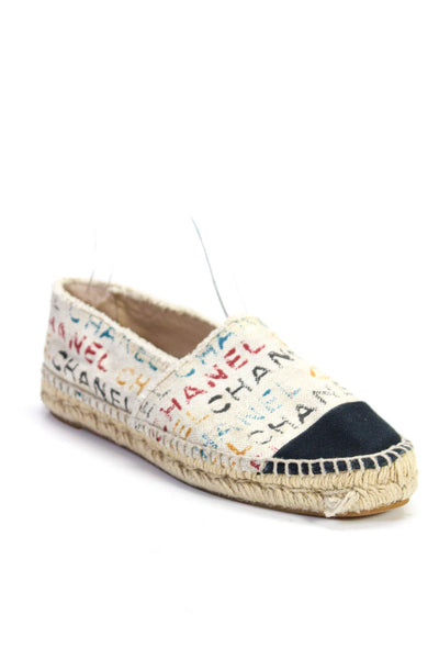 Chanel Womens Beige Canvas Espadrille Graphic Print Loafer Shoes Size 8
