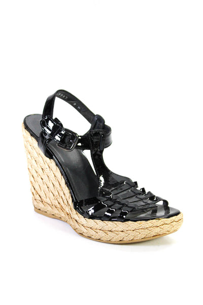 Stuart Weitzman Womens Patent Leather Ankle Strap Wedge Espadrilles Black Size 9