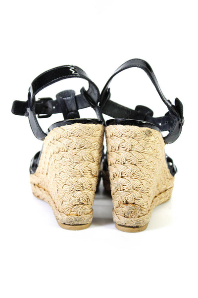 Stuart Weitzman Womens Patent Leather Ankle Strap Wedge Espadrilles Black Size 9