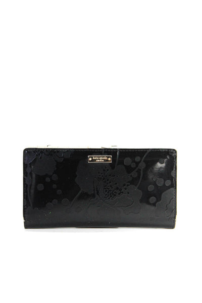 Kate Spade Womens Patent Leather Embossed Floral Print Card Wallet Black