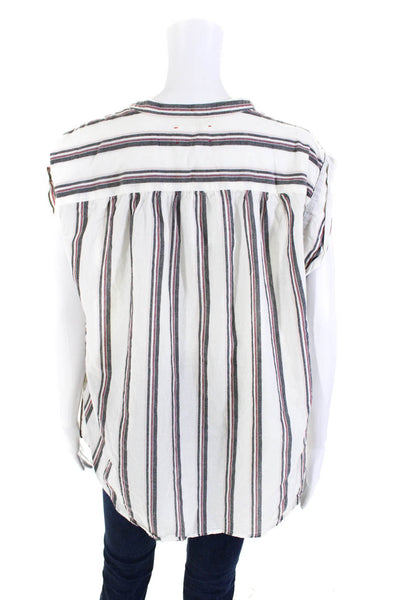 Xirena Womens Cotton Striped Buttoned V-Neck Short Sleeve Top White Size L