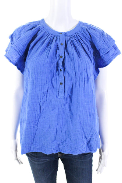 Xirena Womens Cotton V-Neck Buttoned Short Sleeve Pullover Blouse Blue Size M