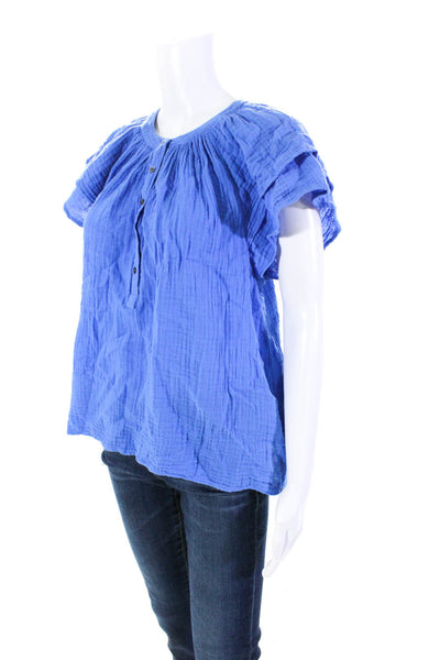 Xirena Womens Cotton V-Neck Buttoned Short Sleeve Pullover Blouse Blue Size M