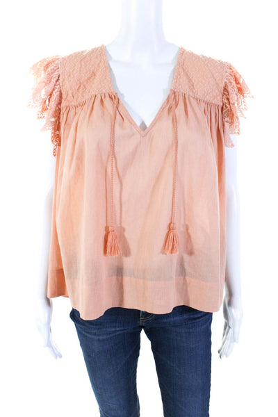 Ulla Johnson Womens Cotton Lace Short Sleeve Ribbed V-Neck Blouse Orange Size 8