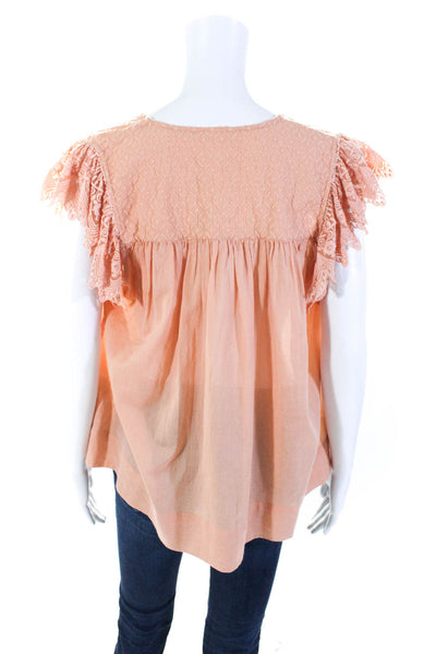 Ulla Johnson Womens Cotton Lace Short Sleeve Ribbed V-Neck Blouse Orange Size 8