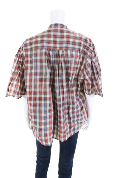 Nili Lotan Womens Cotton Plaid Ruffled Button Short Sleeve Blouse Red Size M