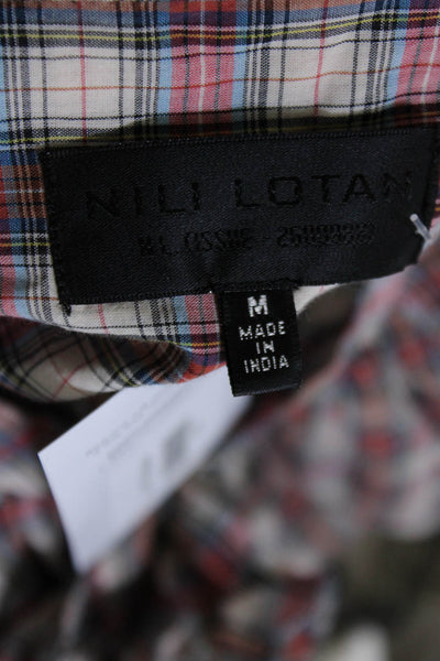 Nili Lotan Womens Cotton Plaid Ruffled Button Short Sleeve Blouse Red Size M