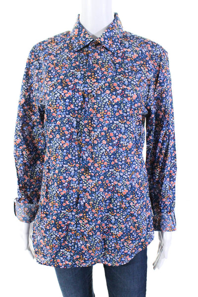 Paul Smith Womens Cotton Floral Print Collar Button Long Sleeve Top Blue Size 16