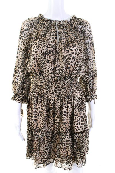 Rebecca Taylor Womens Silk Cheetah Print Smocked Blouson Dress Brown Size S