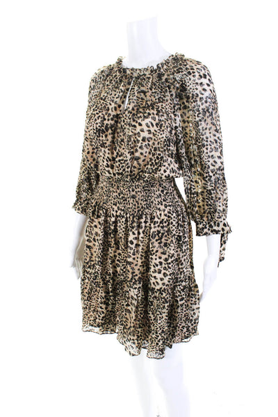 Rebecca Taylor Womens Silk Cheetah Print Smocked Blouson Dress Brown Size S