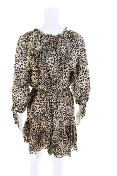 Rebecca Taylor Womens Silk Cheetah Print Smocked Blouson Dress Brown Size S