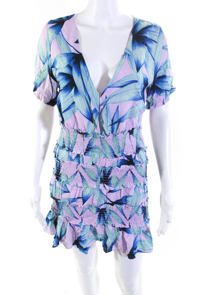 Karlie Women's Short Sleeve V Neck Floral Print Ruffle Mini Dress Blue Size M
